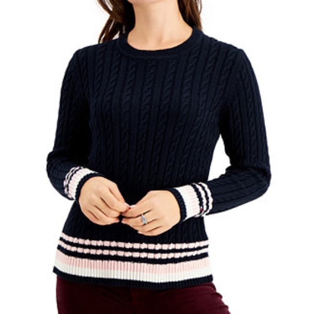 Tommy Hilfiger Navy Cable Knit Striped Crewneck Sweater Size Small